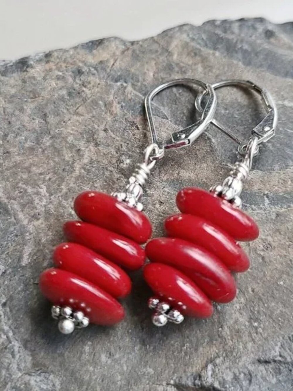 Red Coral Earrings Sterling Silver Leverback Hooks Gemstone Jewelry
